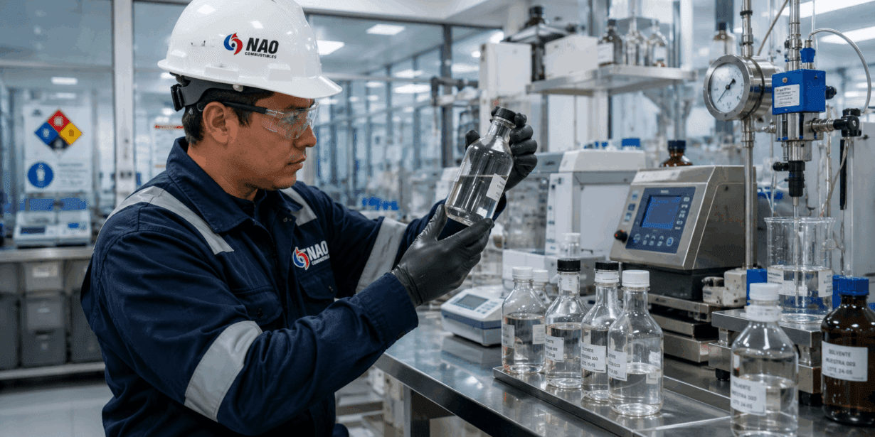 Técnico en laboratorio industrial analizando solventes para aplicaciones técnicas