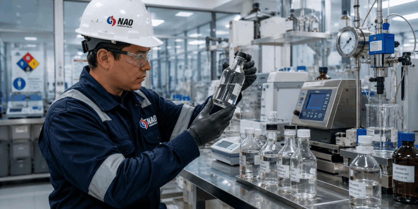 Técnico en laboratorio industrial analizando solventes para aplicaciones técnicas