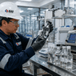 Técnico en laboratorio industrial analizando solventes para aplicaciones técnicas