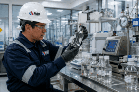Técnico en laboratorio industrial analizando solventes para aplicaciones técnicas