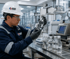 Técnico en laboratorio industrial analizando solventes para aplicaciones técnicas
