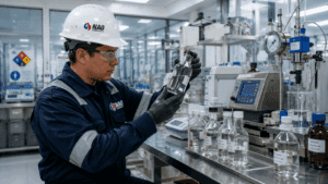 Técnico en laboratorio industrial analizando solventes para aplicaciones técnicas